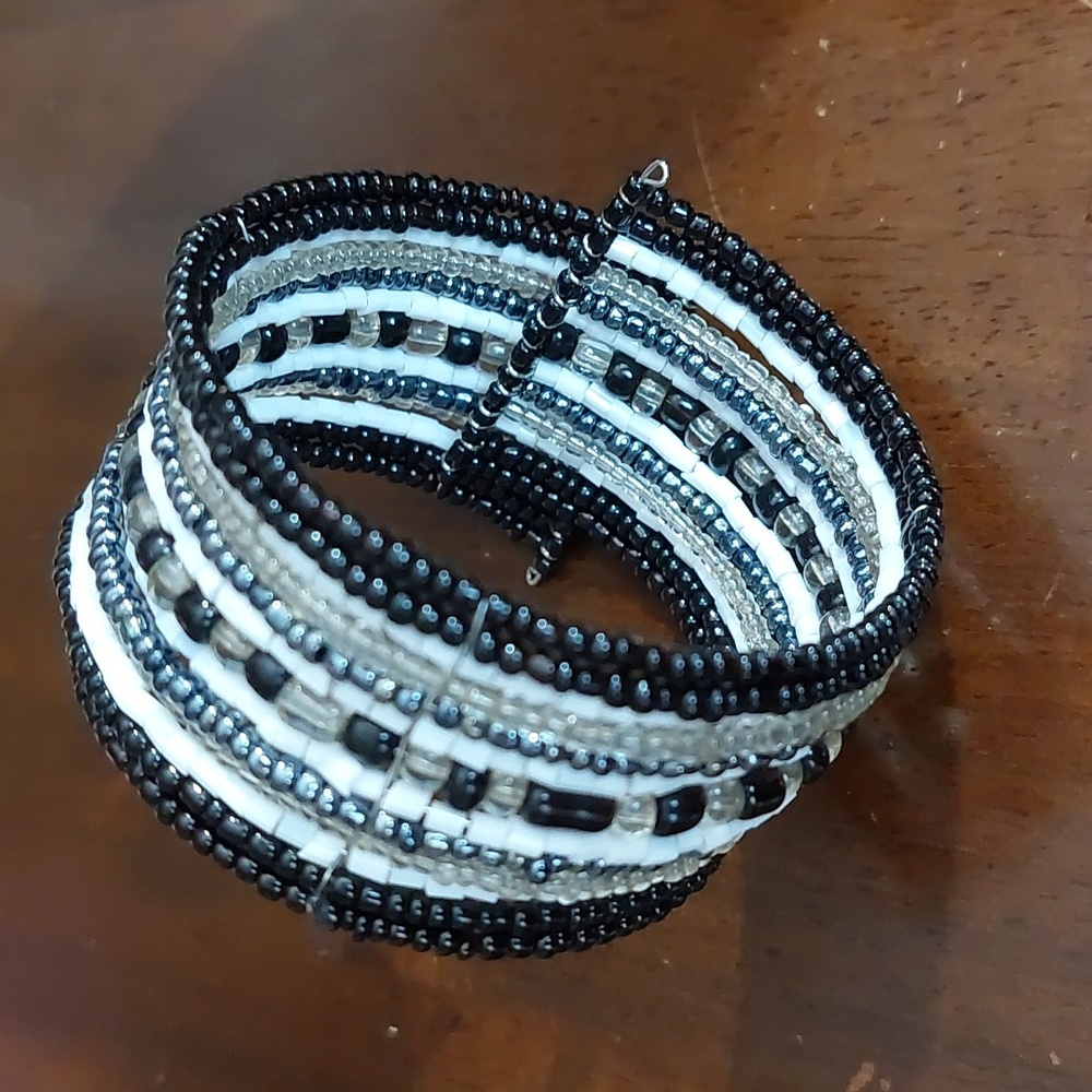 Black White Beaded Wire Multirow Cuff Bracelet